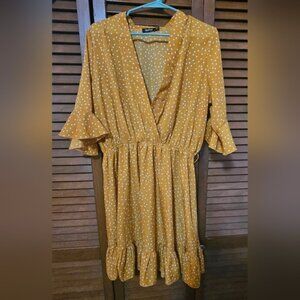 Boohoo Mustard Yellow Polka Dot Wrap Front Ruffle Tea Dress Size 12